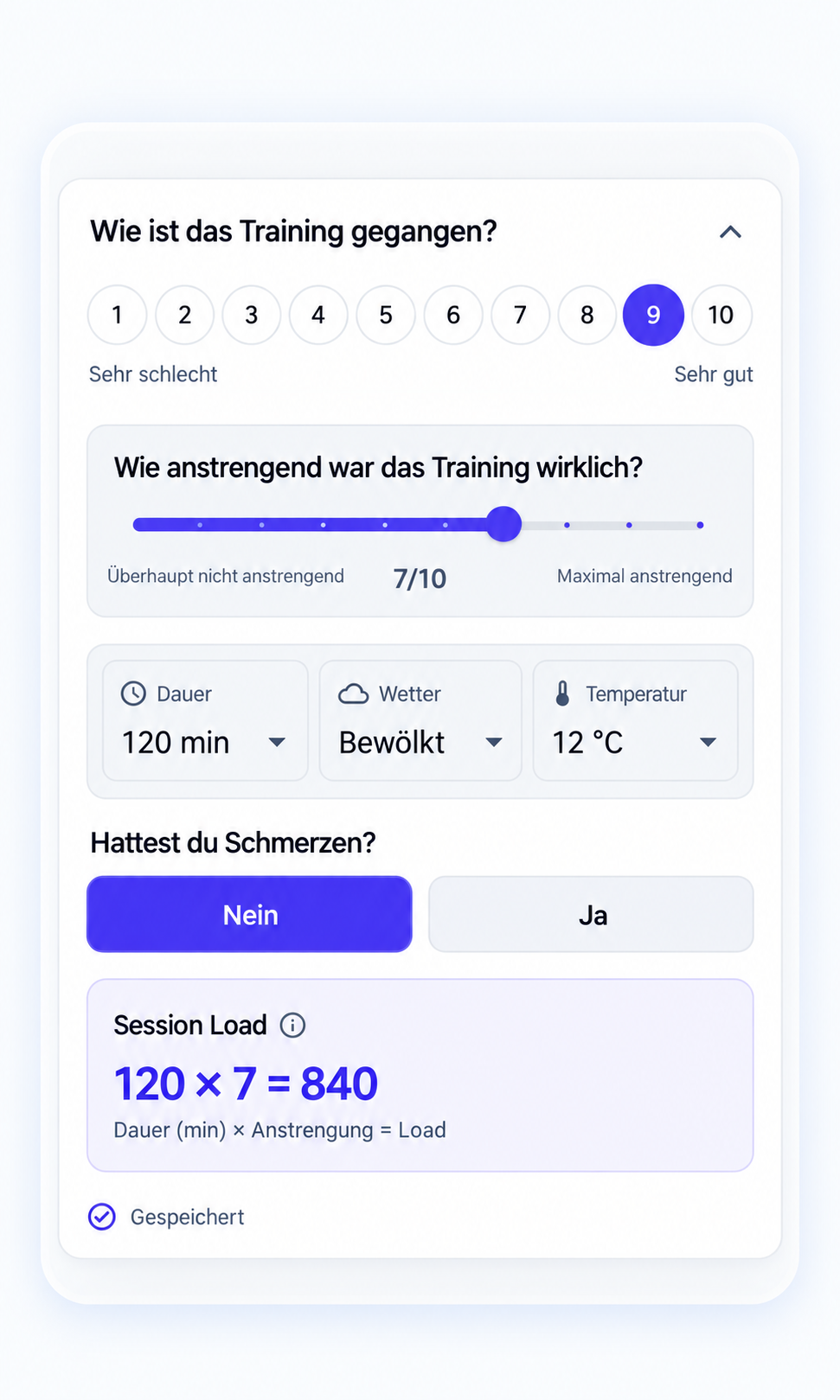 Trainingsfeedback mit Qualität, Anstrengung, Dauer, Wetter und Schmerzen