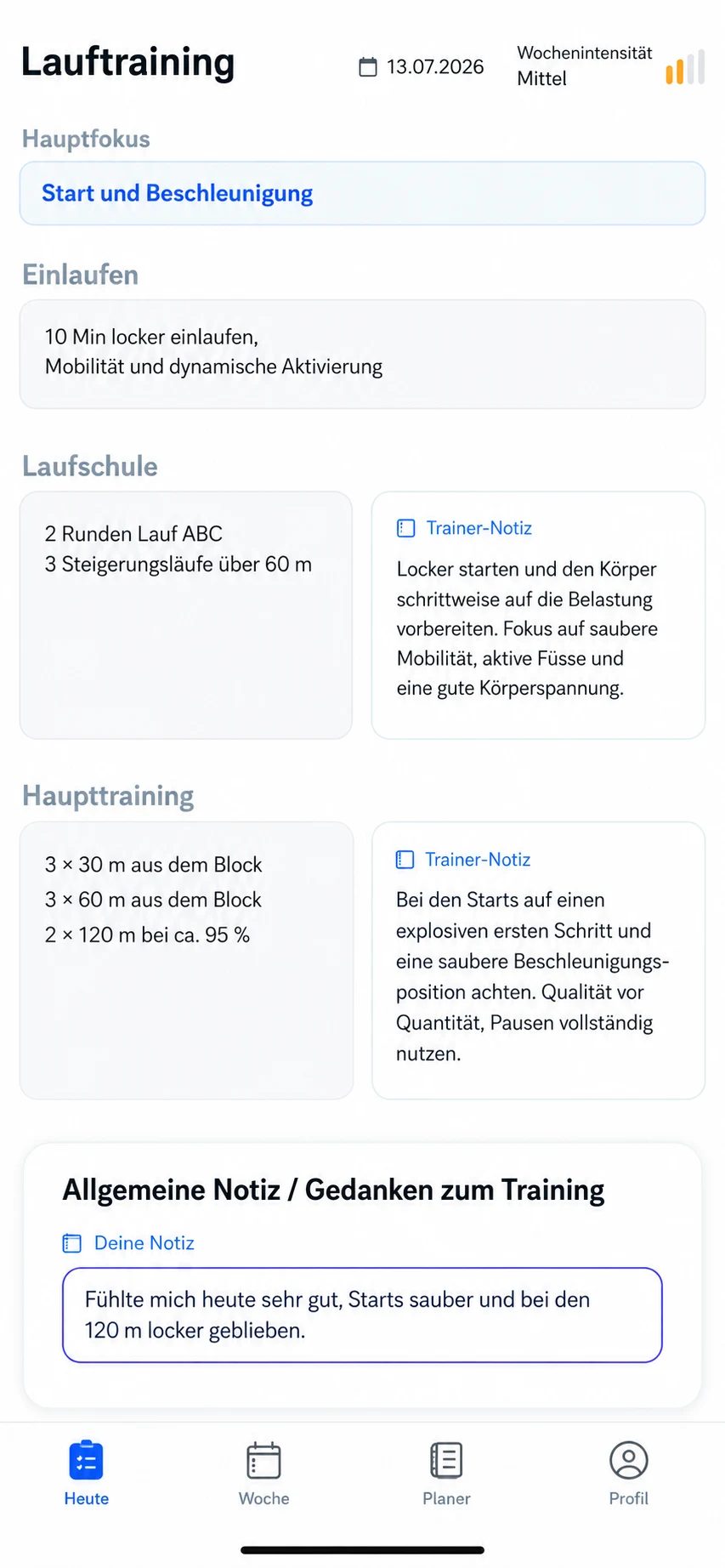 Mobile Noteletics Trainingsansicht mit Laufprogramm, Trainerhinweisen und persönlicher Notiz