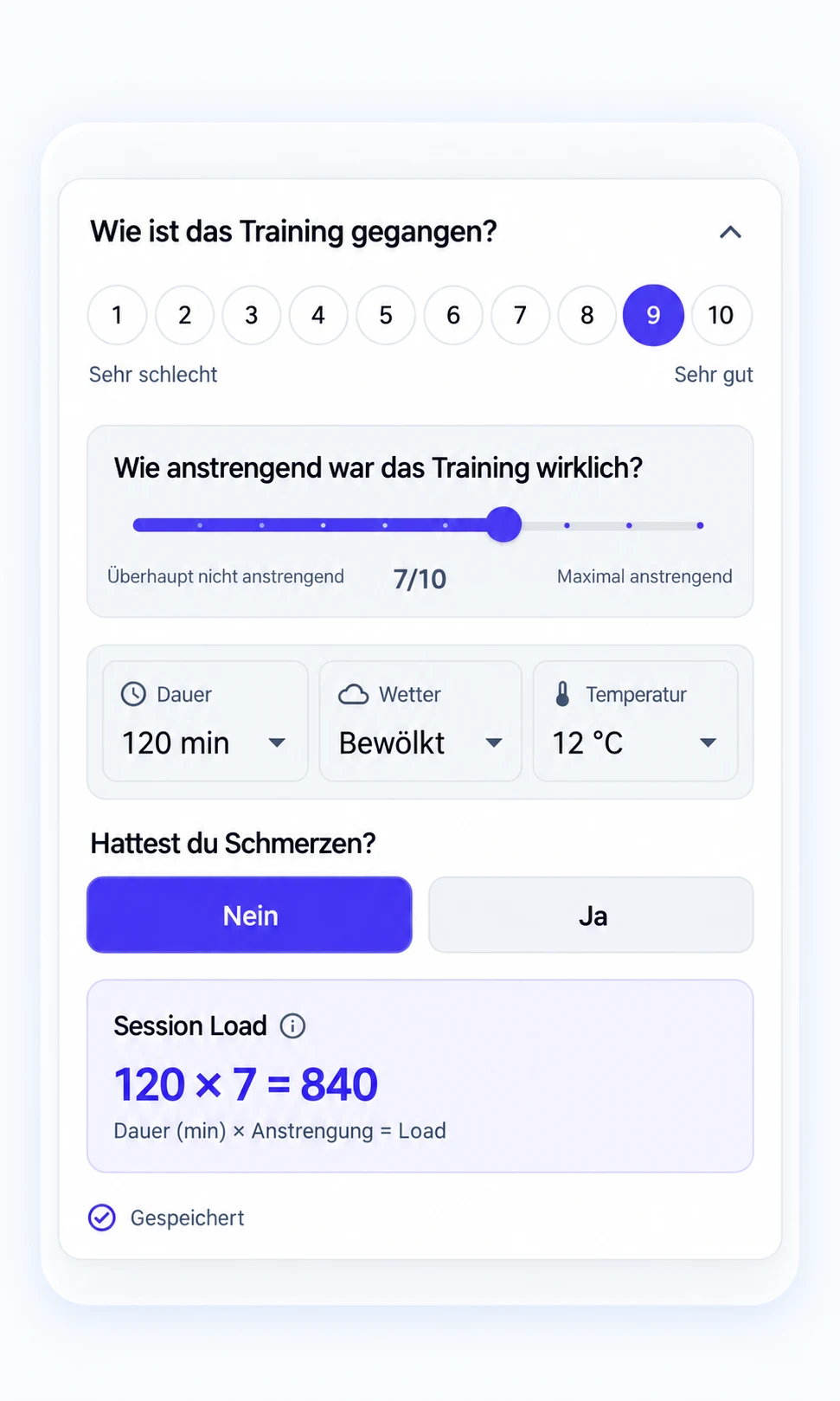 Noteletics Trainingsfeedback mit Bewertung, Anstrengung und Dauer der Einheit